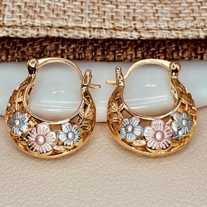 Free People Metallic Enamel Floral Hollow Gold Hoop Earrings